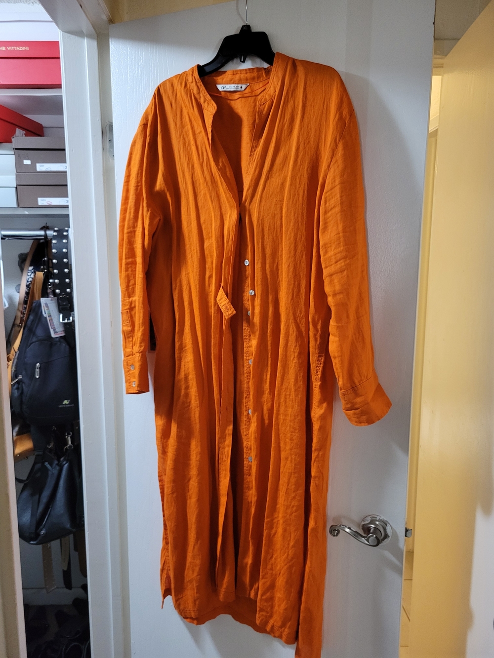 Zara Bright Orange Long Button-Front Linen Duster Dress Coat